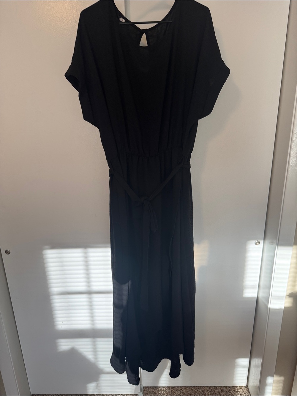 Black Short-Sleeve Maxi Wrap Dress with Waist Tie